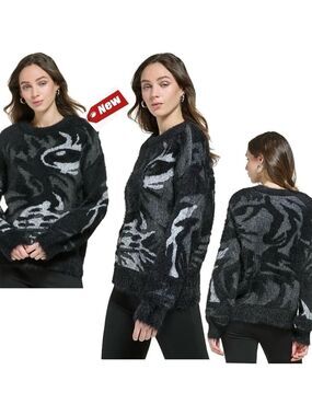 DKNY Long Sleeve sequin Tiger Eye warm Sweater Sz M NWT black gray
